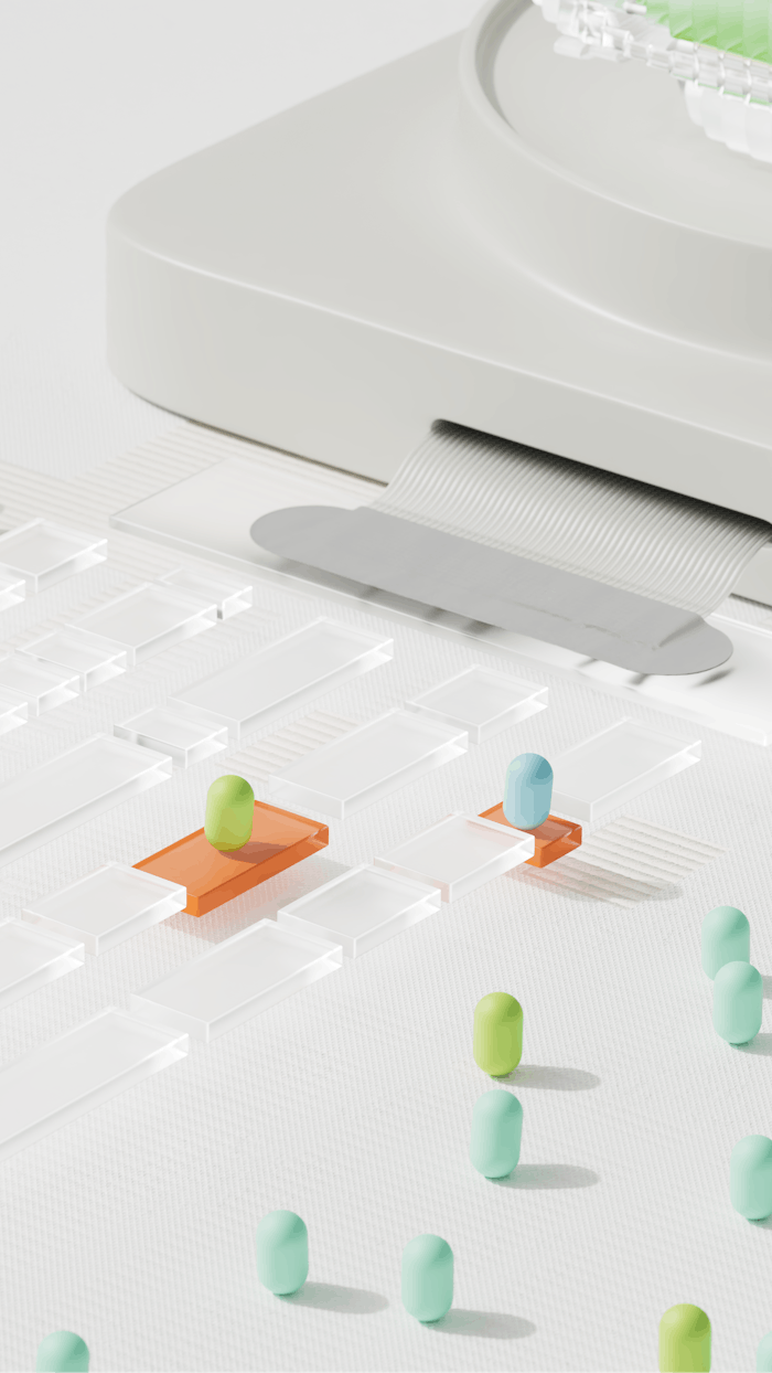services-04 Abstract representation of AI ethics with pills on a clear pathway, symbolizing data sorting.