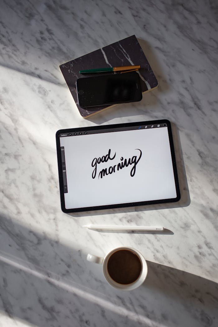 services-03 Flat lay of a stylish workspace with a tablet, coffee, and stationery on a marble table.